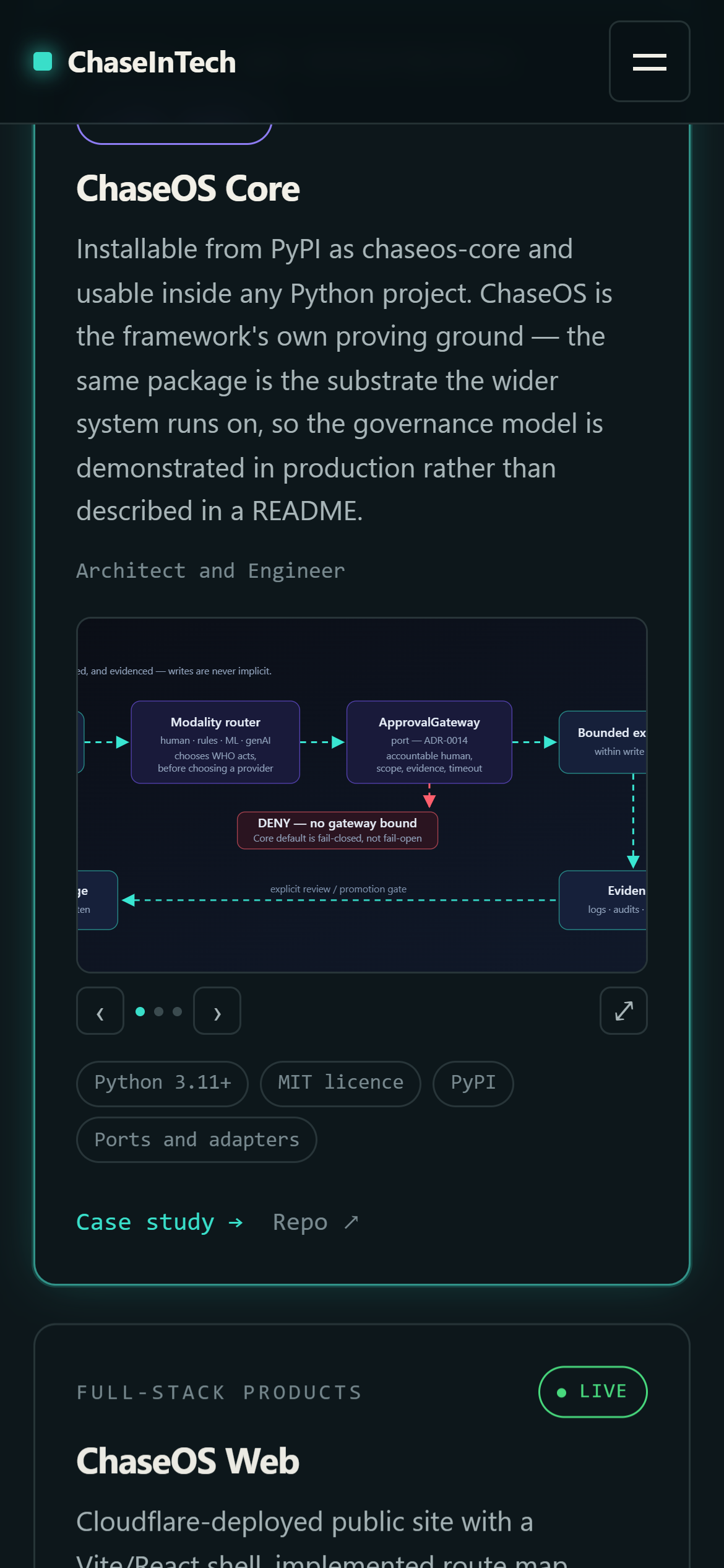 ChaseInTech mobile page with responsive navigation
