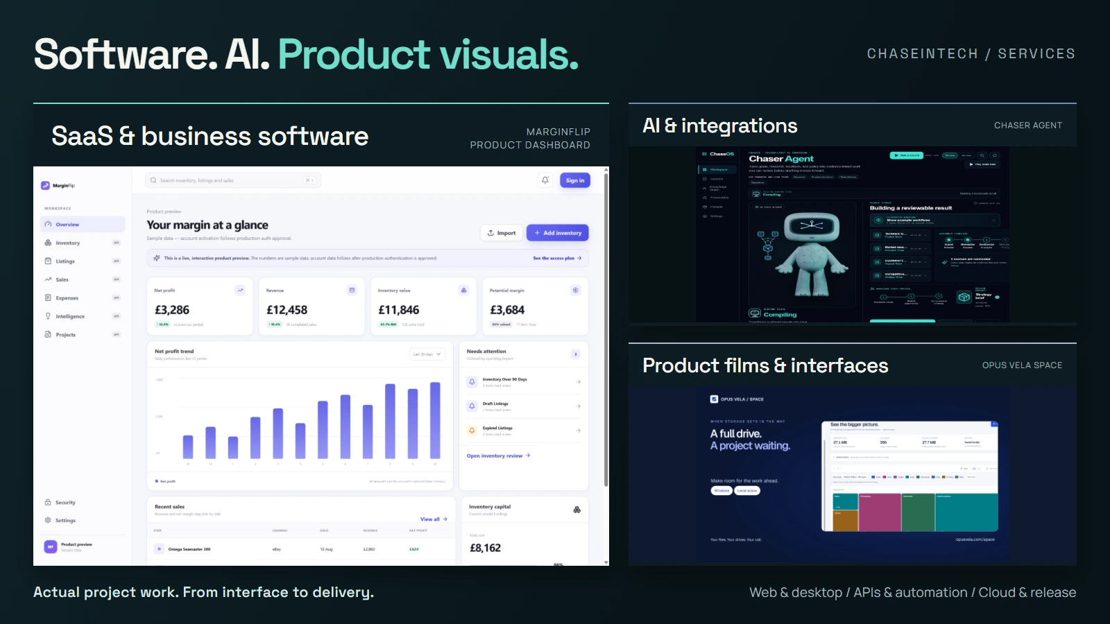Services shown through actual work: MarginFlip business software, Chaser Agent AI integrations and Opus Vela Space product films and interfaces