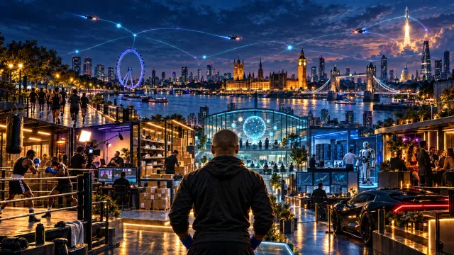 Chase looking toward an imagined London of boxing, running, commerce, content creation and AI engineering